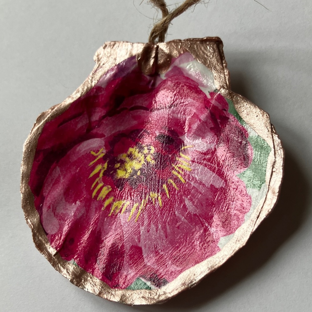 Handcrafted Shell Ornament Pink Floral Metallic Decoupage - Picture 2 of 3
